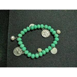 Green Beaded Charm Bracelet with Silver Coins